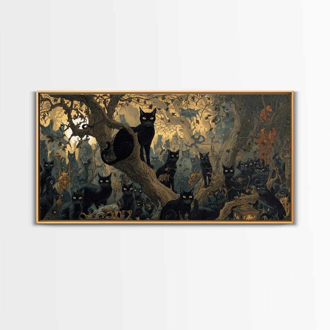 The Black Cat Gathering, Medieval Grotesque Art, Wide Panoramic Art, Dark Fantasy Wall Art, Canvas Print, Halloween Wall Art