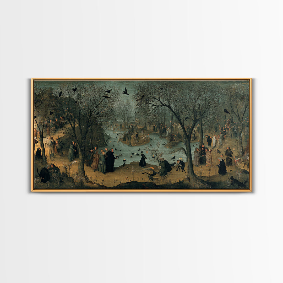 The Black Cat Gathering, Northern Renaissance Horror, Wide Panoramic Art, Gothic Horror Wall Art, Framed Canvas Print