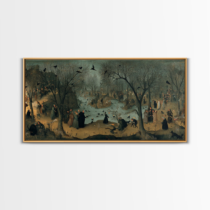 The Black Cat Gathering, Northern Renaissance Horror, Wide Panoramic Art, Gothic Horror Wall Art, Framed Canvas Print