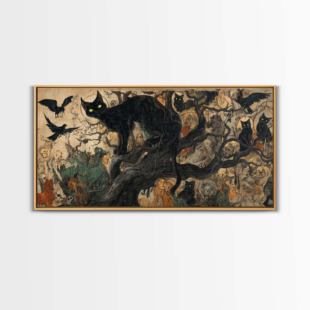 The Black Cat Gathering, Dark Renaissance Art, Wide Panoramic Art, Dark Halloween Decor, Canvas Print, Halloween Wall Art