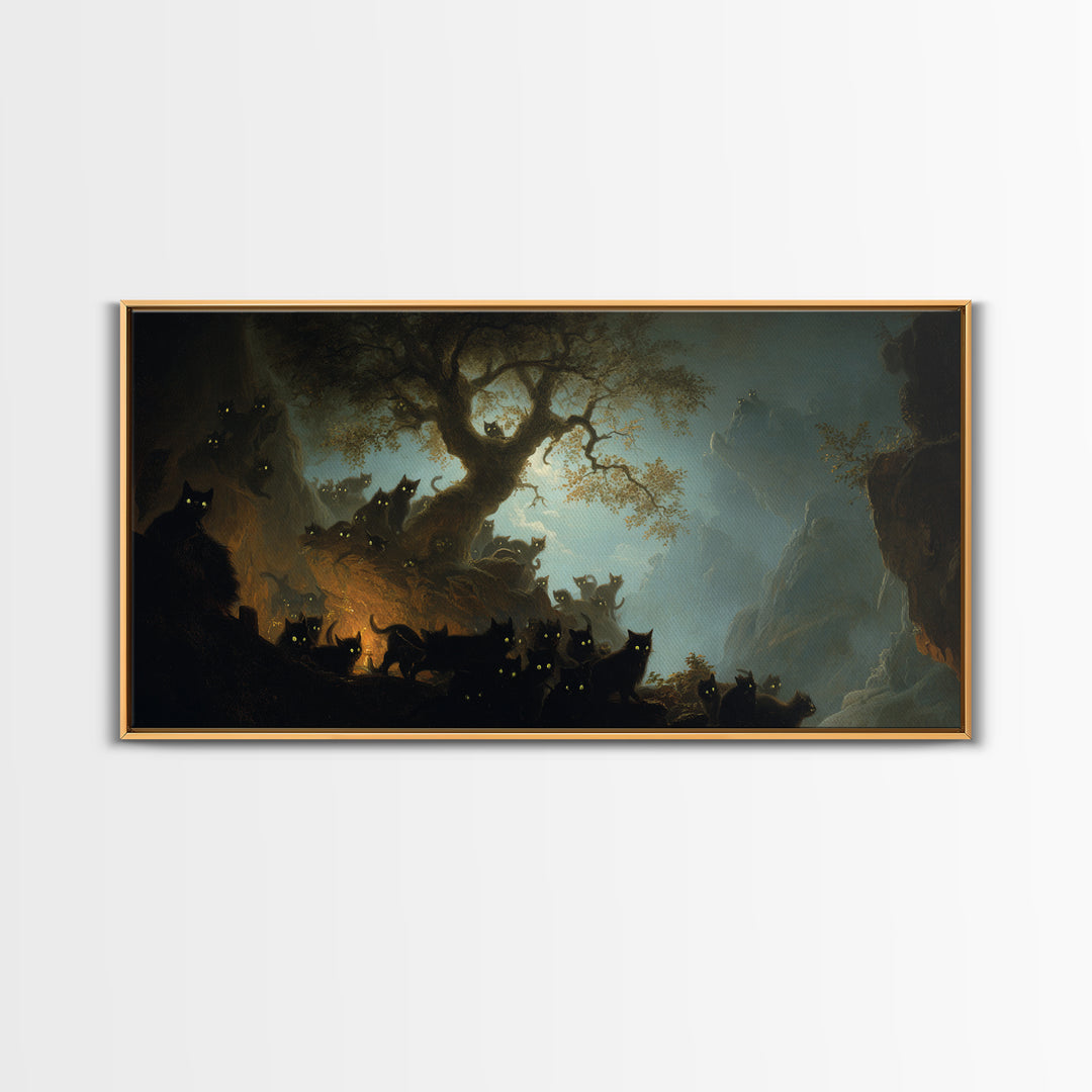 The Black Cat Gathering, Baroque Witchcraft Art, Wide Panoramic Art, Dark Fantasy Wall Art, Framed Canvas Print, Halloween Wall Art