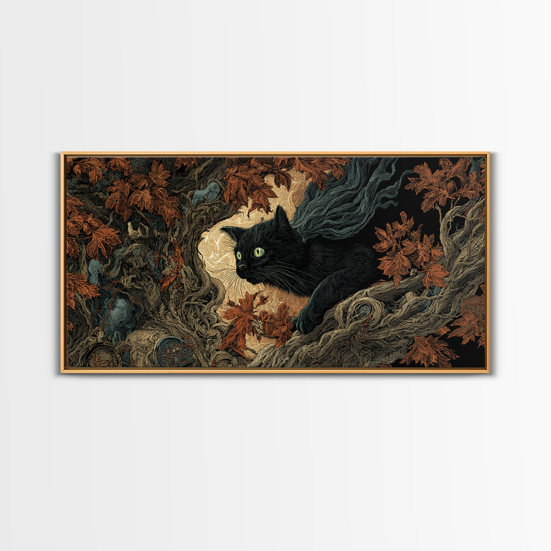 The Black Cat Gathering, Visionary Gothic Art, Wide Panoramic Art, Dark Halloween Decor, Framed Canvas Print, Halloween Wall Art