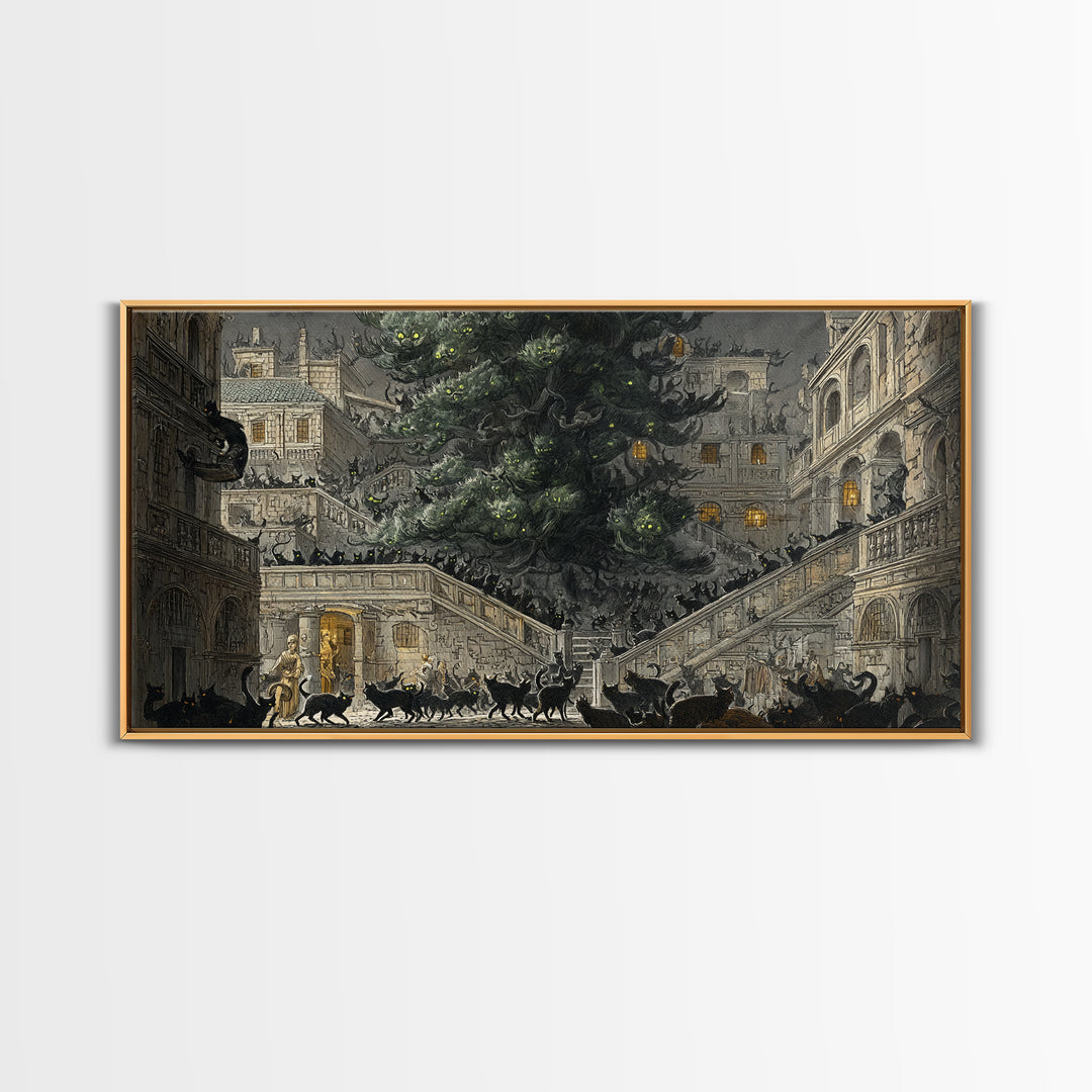 The Black Cat Gathering, Architectural Etching Art, Wide Panoramic Art, Macabre Wall Art, Canvas Print, Halloween Wall Art