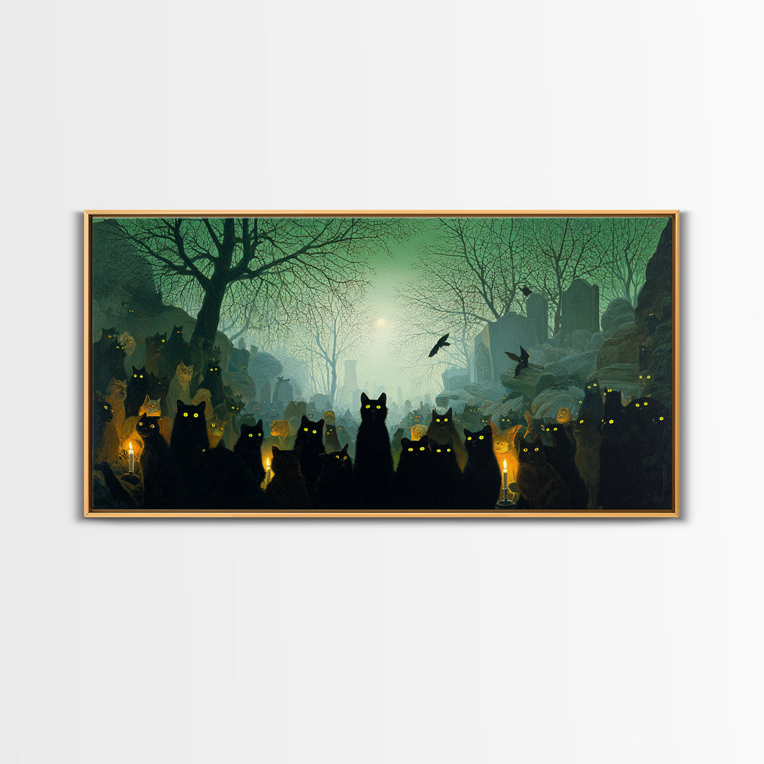 The Black Cat Gathering, Romantic Gothic Landscape, Wide Panoramic Art, Dark Fantasy Wall Art, Canvas Print, Halloween Wall Art