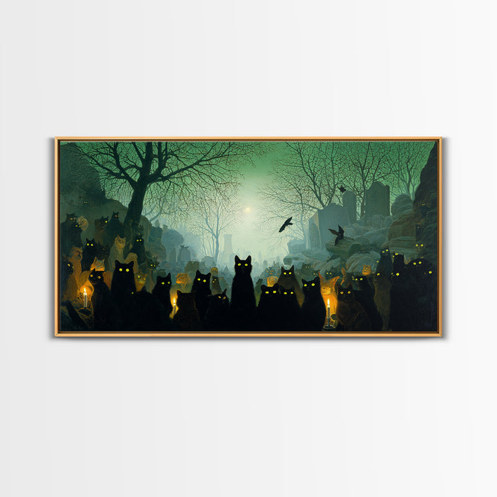 The Black Cat Gathering, Romantic Gothic Landscape, Wide Panoramic Art, Dark Fantasy Wall Art, Canvas Print, Halloween Wall Art