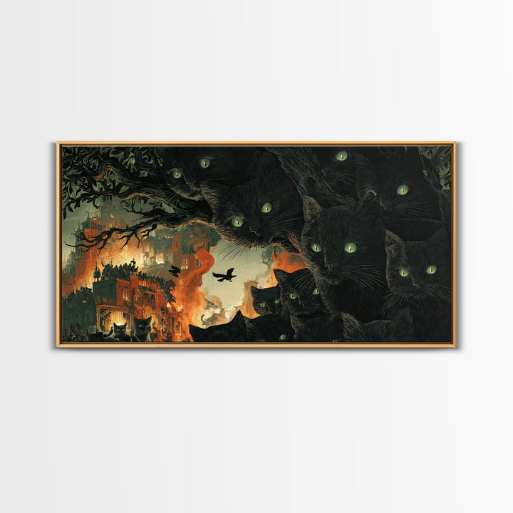 The Black Cat Gathering, Apocalyptic Romantic Art, Wide Panoramic Art, Macabre Wall Art, Framed Canvas Print, Halloween Wall Art