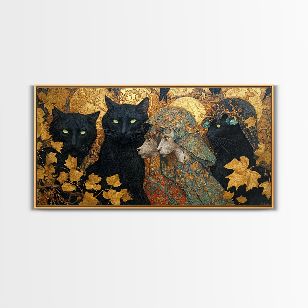 The Black Cat Gathering, Ornate Symbolist Art, Wide Panoramic Art, Gothic Horror Wall Art, Canvas Print, Halloween Wall Art