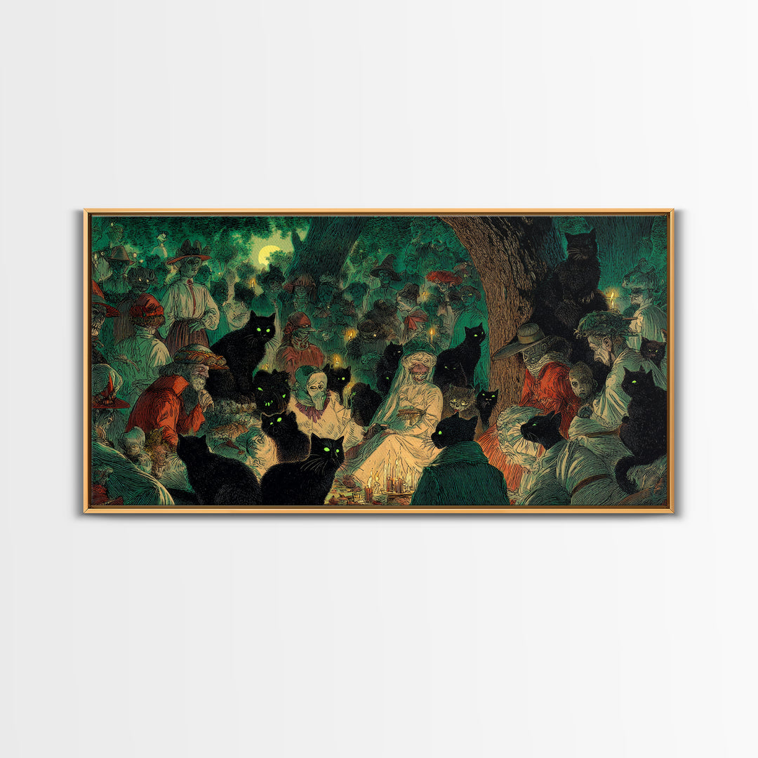 The Black Cat Gathering, Decadent Gothic Art, Wide Panoramic Art, Gothic Horror Wall Art, Canvas Print, Halloween Wall Art