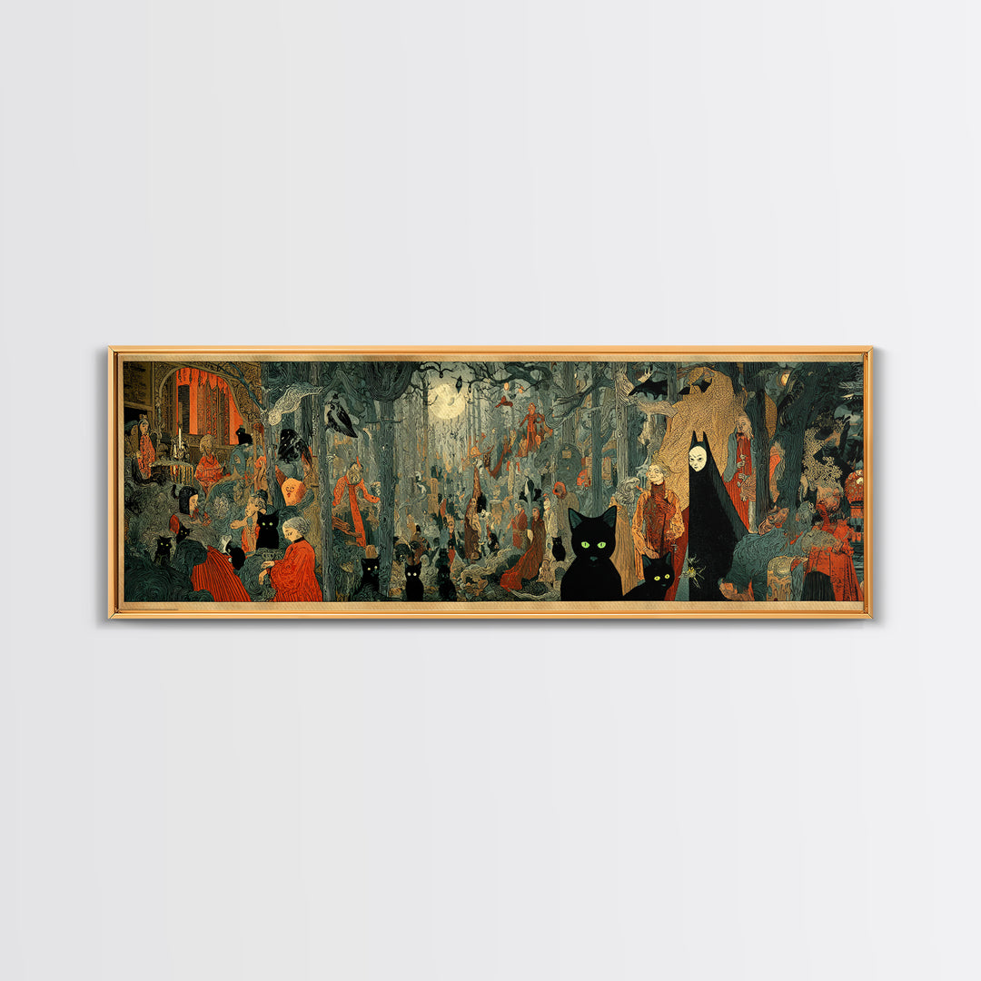 The Black Cat Gathering, Symbolist Etching Art, Extra Wide Wall Art, Macabre Wall Art, Canvas Print, Halloween Wall Art