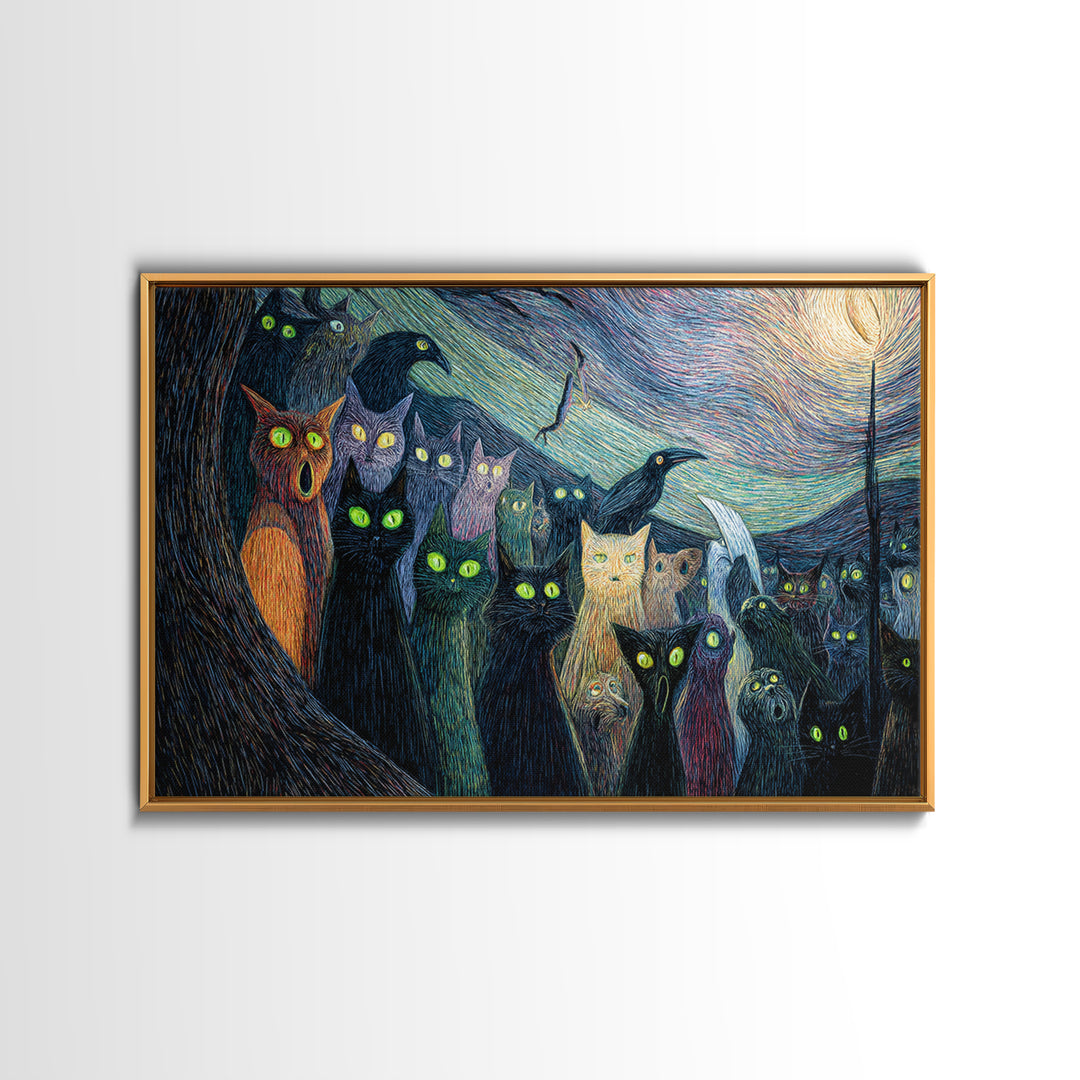 The Black Cat Gathering, Expressionist Gothic Art, Landscape Wall Art, Dark Halloween Decor, Canvas Print, Halloween Wall Art