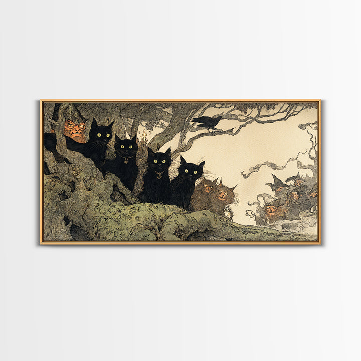 The Black Cat Gathering, Gothic Storybook Art, Wide Panoramic Art, Dark Halloween Decor, Framed Canvas Print, Halloween Wall Art