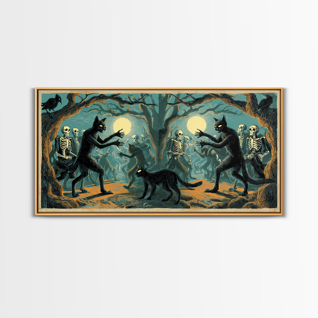 The Black Cat Gathering, Macabre Folk Print Art, Wide Panoramic Art, Macabre Wall Art, Framed Canvas Print, Halloween Wall Art