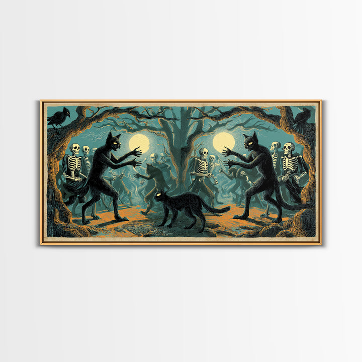 The Black Cat Gathering, Macabre Folk Print Art, Wide Panoramic Art, Macabre Wall Art, Framed Canvas Print, Halloween Wall Art