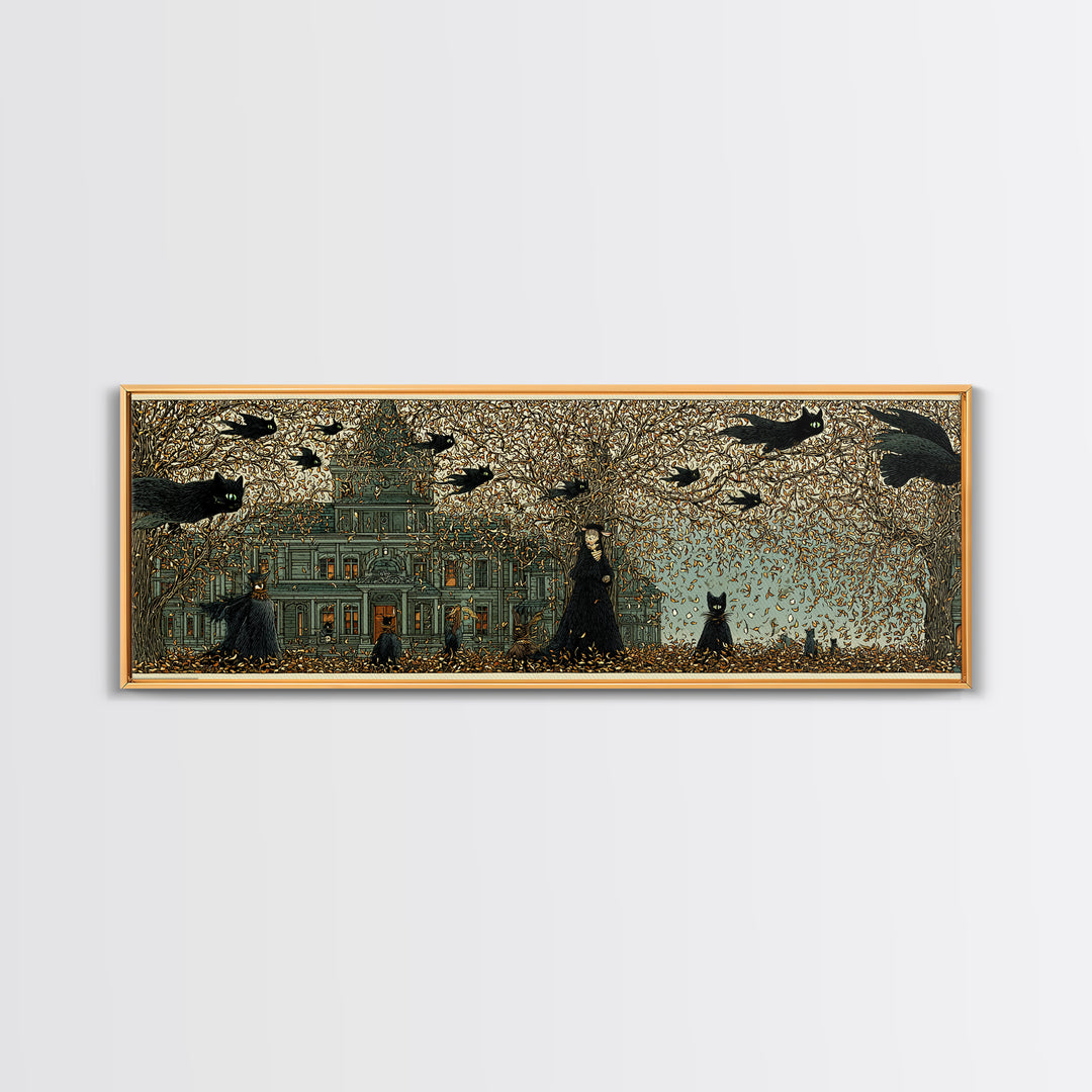 The Black Cat Gathering, Victorian Macabre Art, Extra Wide Wall Art, Dark Halloween Decor, Canvas Print, Halloween Wall Art