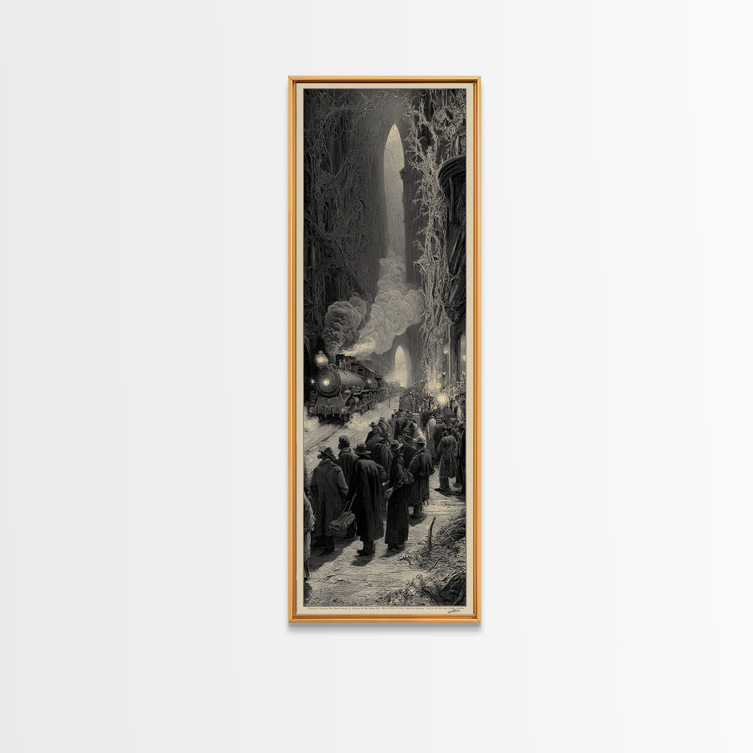 The Ghost Train Arrival, Gothic Engraving Art, Tall Narrow Wall Art, Dark Fantasy Wall Art, Canvas Print, Halloween Wall Art
