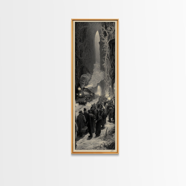 The Ghost Train Arrival, Gothic Engraving Art, Tall Narrow Wall Art, Dark Fantasy Wall Art, Canvas Print, Halloween Wall Art