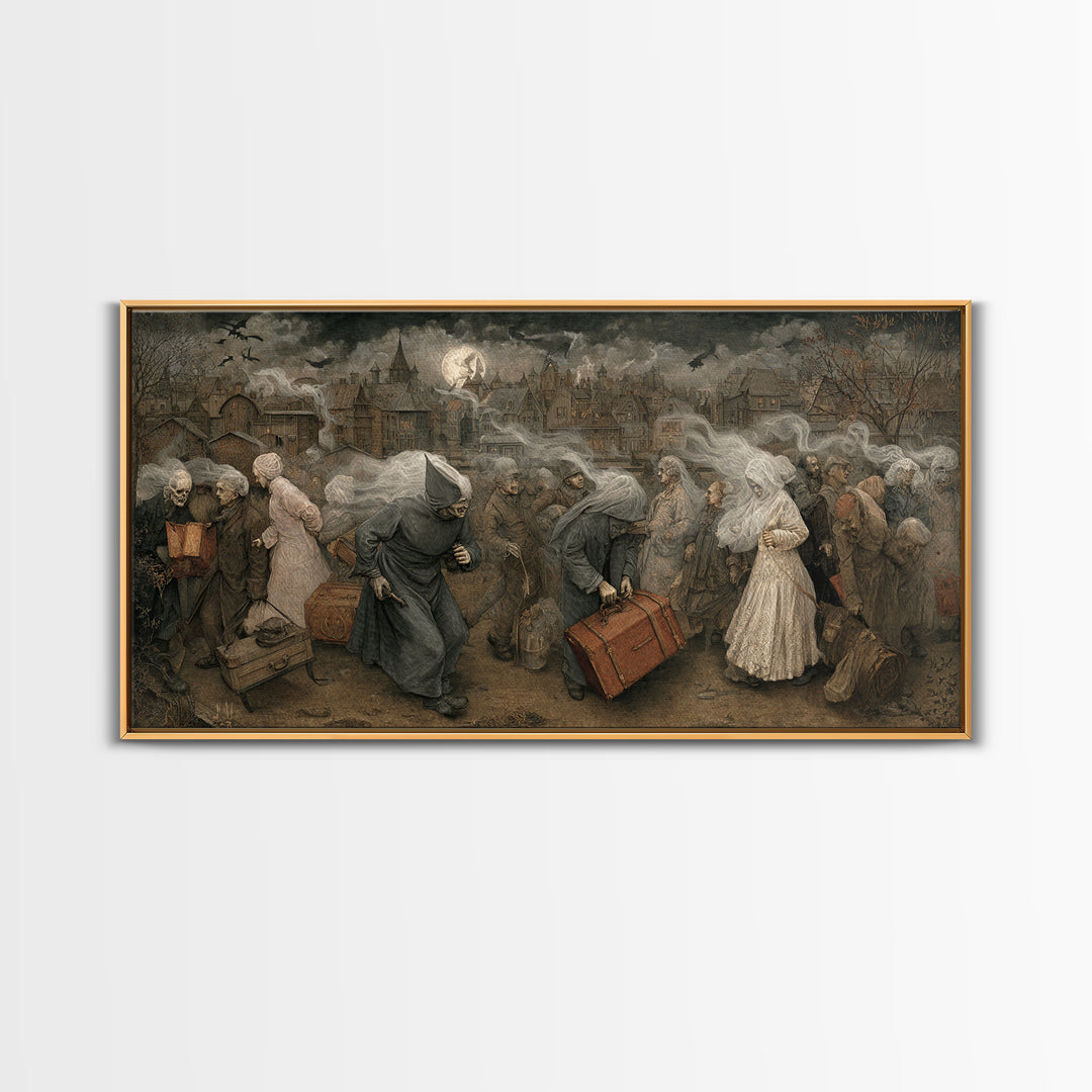 The Ghost Train Arrival, Northern Renaissance Horror, Wide Panoramic Art, Gothic Horror Wall Art, Framed Canvas Print