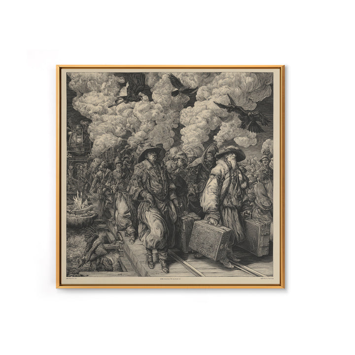 The Ghost Train Arrival, Renaissance Engraving Art, Square Wall Art, Dark Halloween Decor, Framed Canvas Print, Halloween Wall Art
