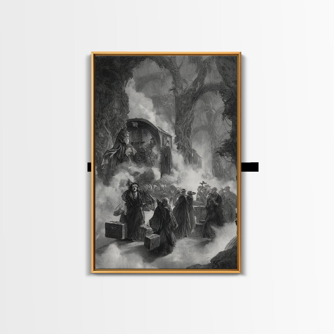The Ghost Train Arrival, Baroque Witchcraft Art, Vertical Wall Art, Dark Halloween Decor, Canvas Print, Halloween Wall Art