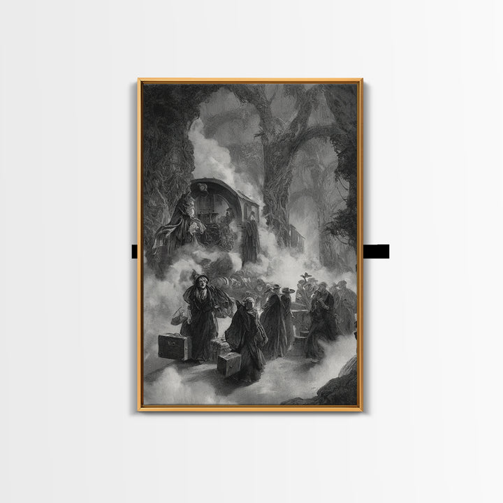 The Ghost Train Arrival, Baroque Witchcraft Art, Vertical Wall Art, Dark Halloween Decor, Canvas Print, Halloween Wall Art