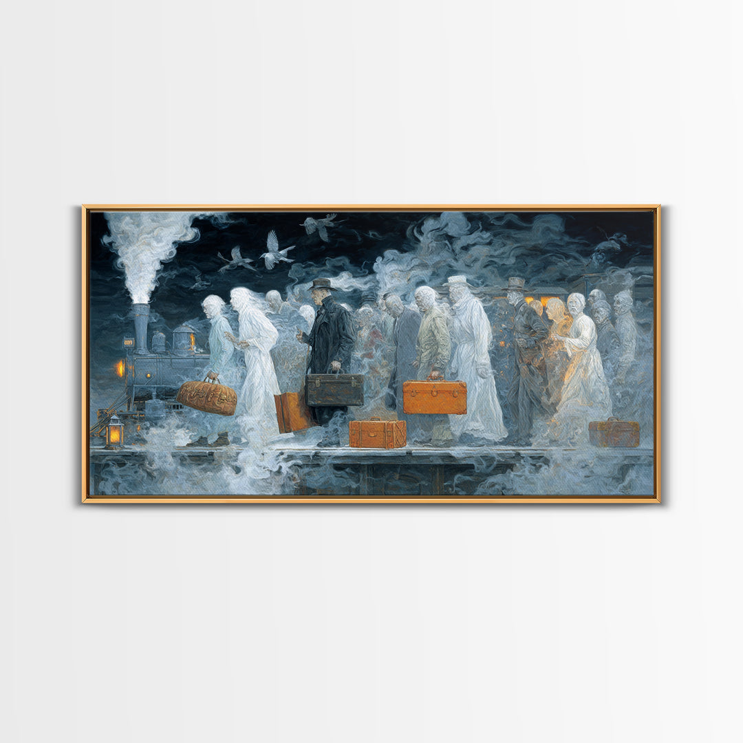 The Ghost Train Arrival, Visionary Gothic Art, Wide Panoramic Art, Dark Halloween Decor, Canvas Print, Halloween Wall Art