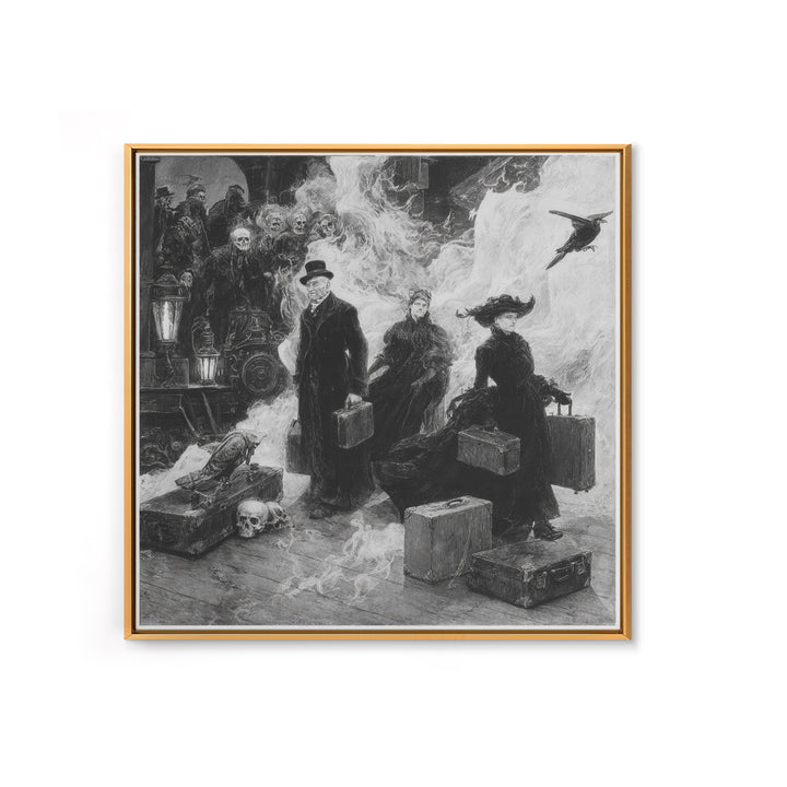 The Ghost Train Arrival, Decadent Gothic Art, Square Wall Art, Dark Halloween Decor, Framed Canvas Print, Halloween Wall Art