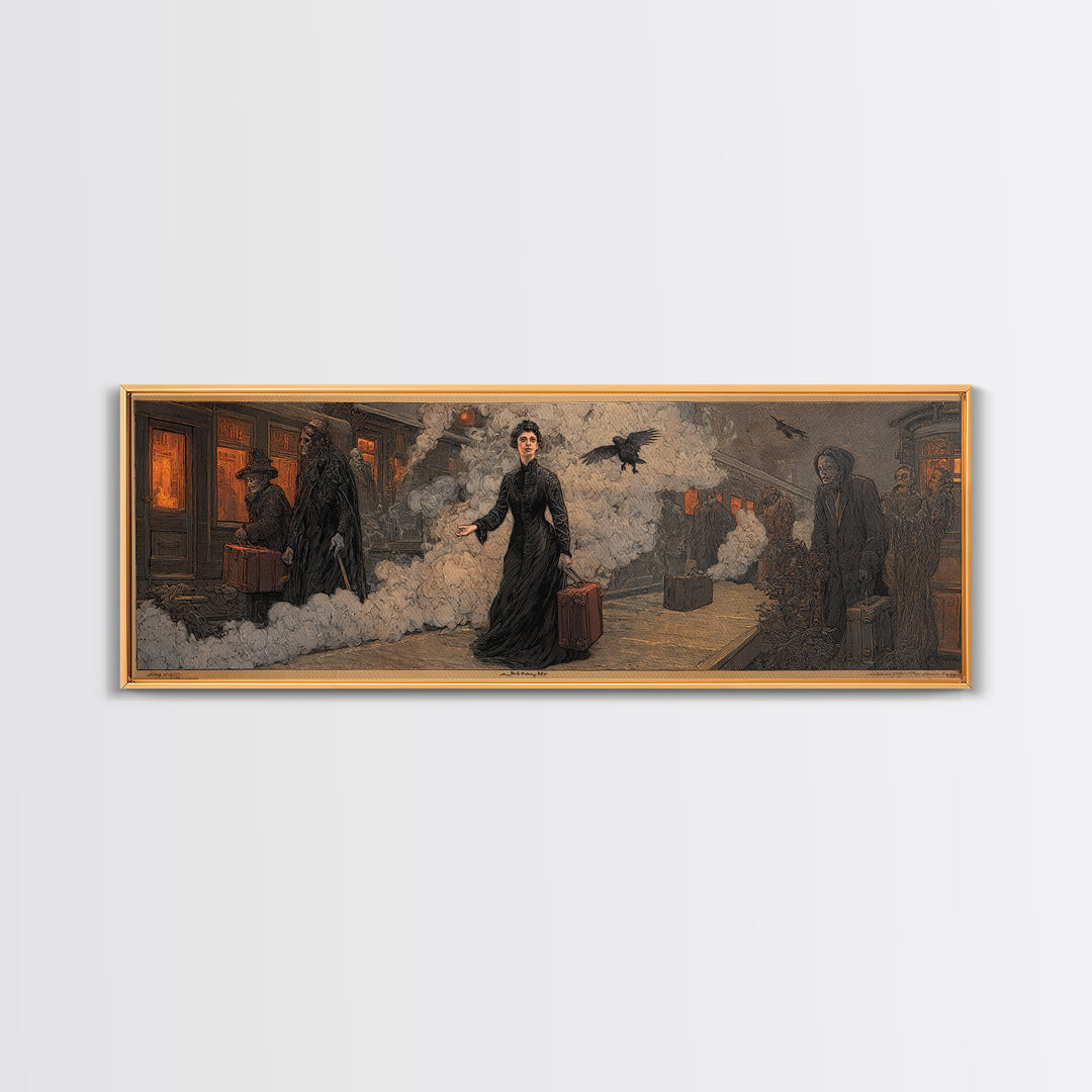 The Ghost Train Arrival, Symbolist Etching Art, Extra Wide Wall Art, Dark Fantasy Wall Art, Framed Canvas Print, Halloween Wall Art