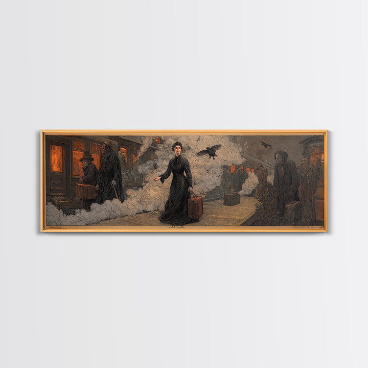 The Ghost Train Arrival, Symbolist Etching Art, Extra Wide Wall Art, Dark Fantasy Wall Art, Framed Canvas Print, Halloween Wall Art
