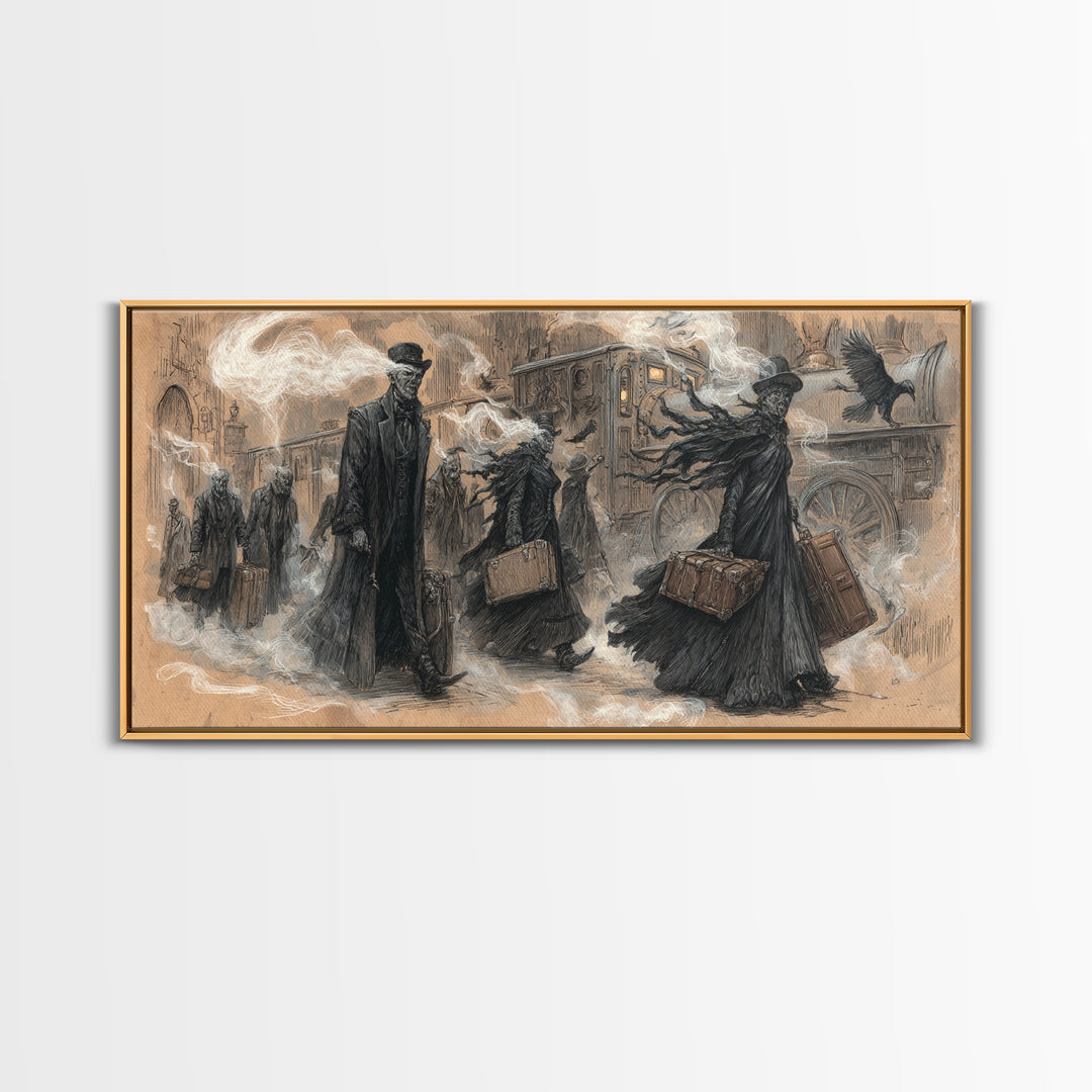 The Ghost Train Arrival, Expressionist Nightmare Art, Wide Panoramic Art, Macabre Wall Art, Canvas Print, Halloween Wall Art