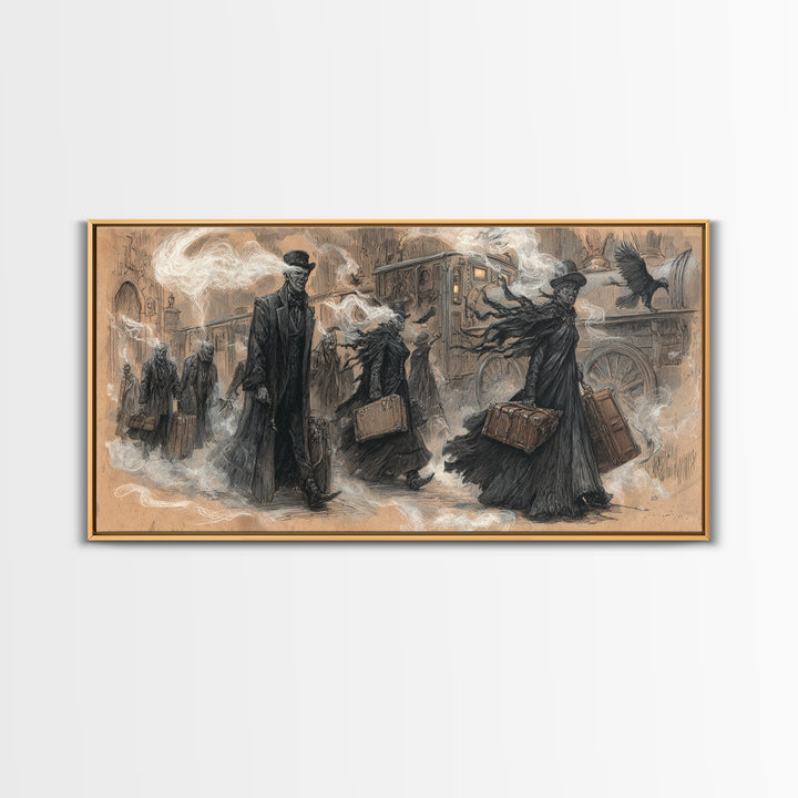 The Ghost Train Arrival, Expressionist Nightmare Art, Wide Panoramic Art, Macabre Wall Art, Canvas Print, Halloween Wall Art