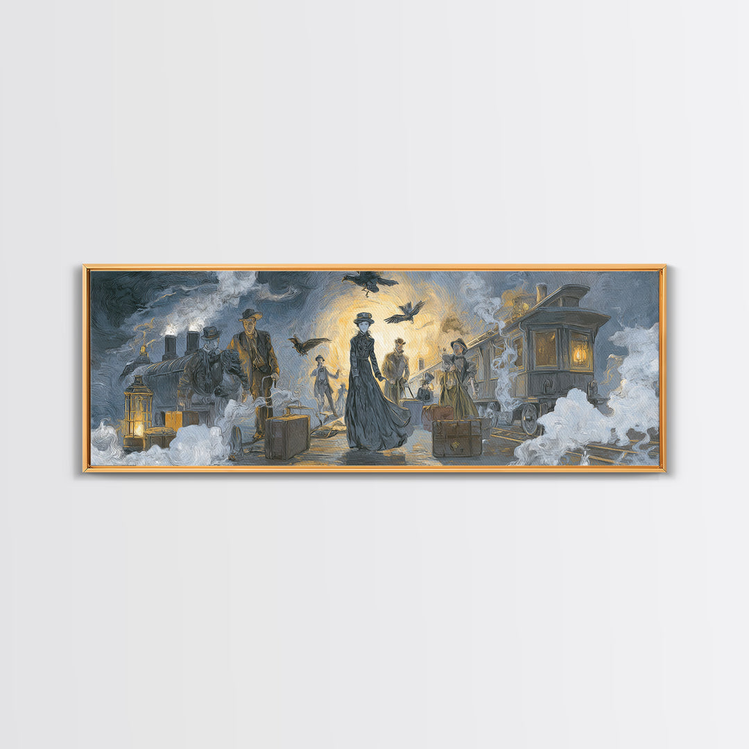The Ghost Train Arrival, Expressionist Gothic Art, Extra Wide Wall Art, Dark Halloween Decor, Canvas Print, Halloween Wall Art