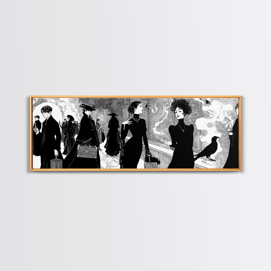 The Ghost Train Arrival, Decadent Line Art, Extra Wide Wall Art, Gothic Horror Wall Art, Canvas Print, Halloween Wall Art