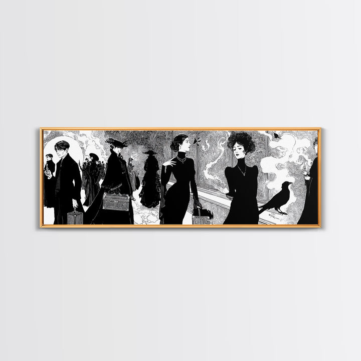 The Ghost Train Arrival, Decadent Line Art, Extra Wide Wall Art, Gothic Horror Wall Art, Canvas Print, Halloween Wall Art