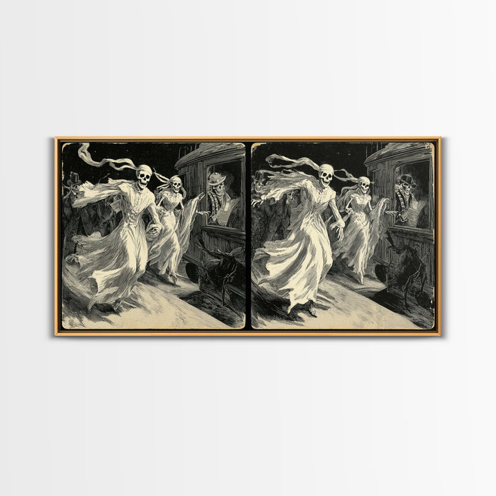 The Ghost Train Arrival, Macabre Folk Print Art, Wide Panoramic Art, Dark Fantasy Wall Art, Framed Canvas Print