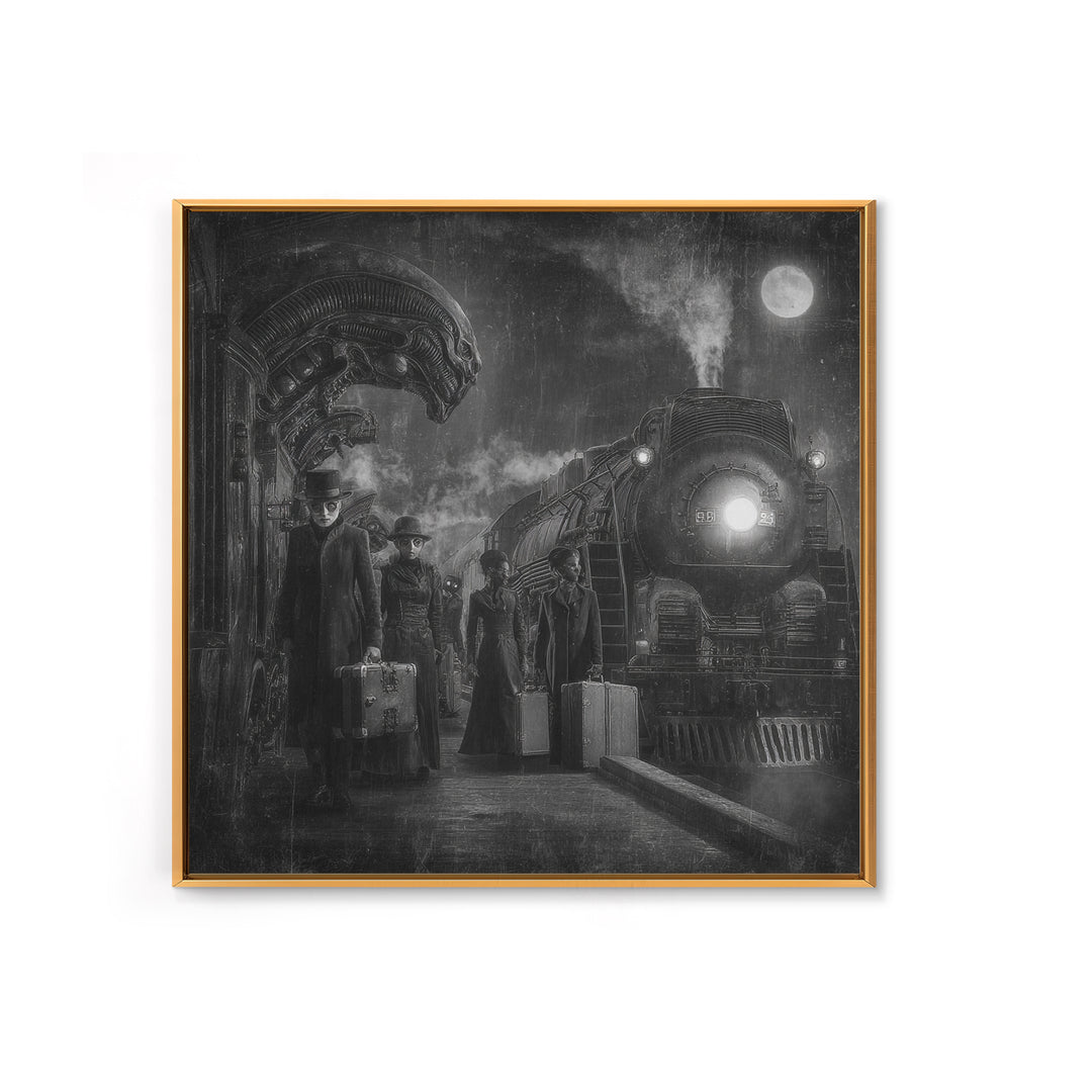 The Ghost Train Arrival, Biomechanical Horror Art, Square Wall Art, Dark Fantasy Wall Art, Framed Canvas Print, Halloween Wall Art
