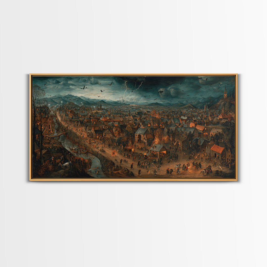 The Halloween Storm, Northern Renaissance Horror, Wide Panoramic Art, Dark Fantasy Wall Art, Canvas Print, Halloween Wall Art