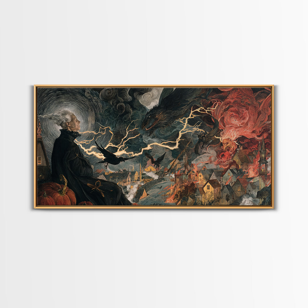 The Halloween Storm, Dark Renaissance Art, Wide Panoramic Art, Dark Fantasy Wall Art, Framed Canvas Print, Halloween Wall Art