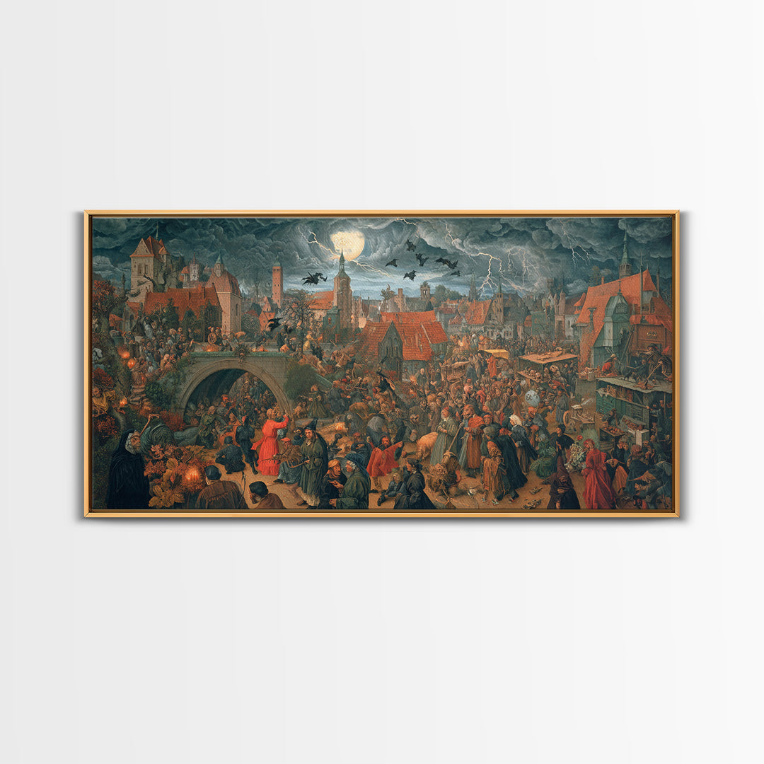 The Halloween Storm, Danse Macabre Art, Wide Panoramic Art, Macabre Wall Art, Framed Canvas Print, Halloween Wall Art