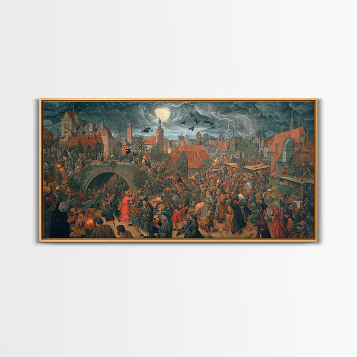 The Halloween Storm, Danse Macabre Art, Wide Panoramic Art, Macabre Wall Art, Framed Canvas Print, Halloween Wall Art