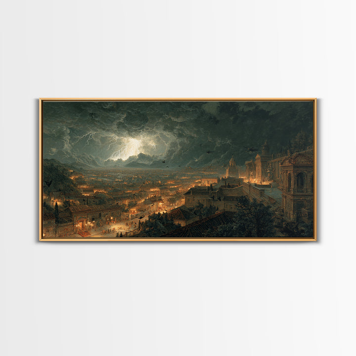 The Halloween Storm, Architectural Etching Art, Wide Panoramic Art, Dark Halloween Decor, Canvas Print, Halloween Wall Art