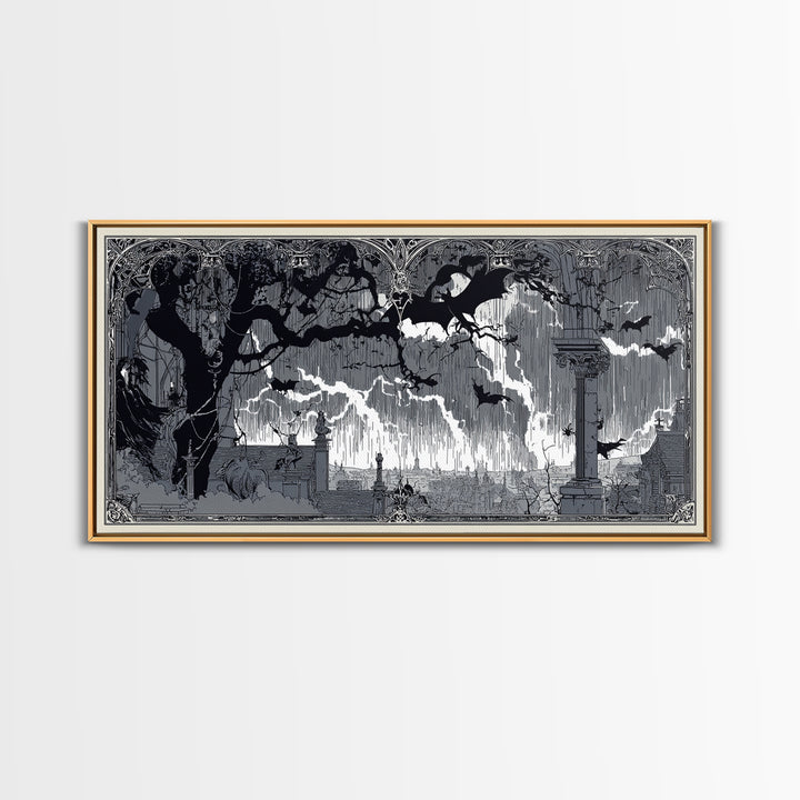 The Halloween Storm, Decadent Line Art, Wide Panoramic Art, Gothic Horror Wall Art, Framed Canvas Print, Halloween Wall Art