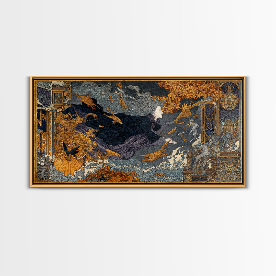 The Halloween Storm, Stained Glass Gothic Art, Wide Panoramic Art, Dark Fantasy Wall Art, Canvas Print, Halloween Wall Art