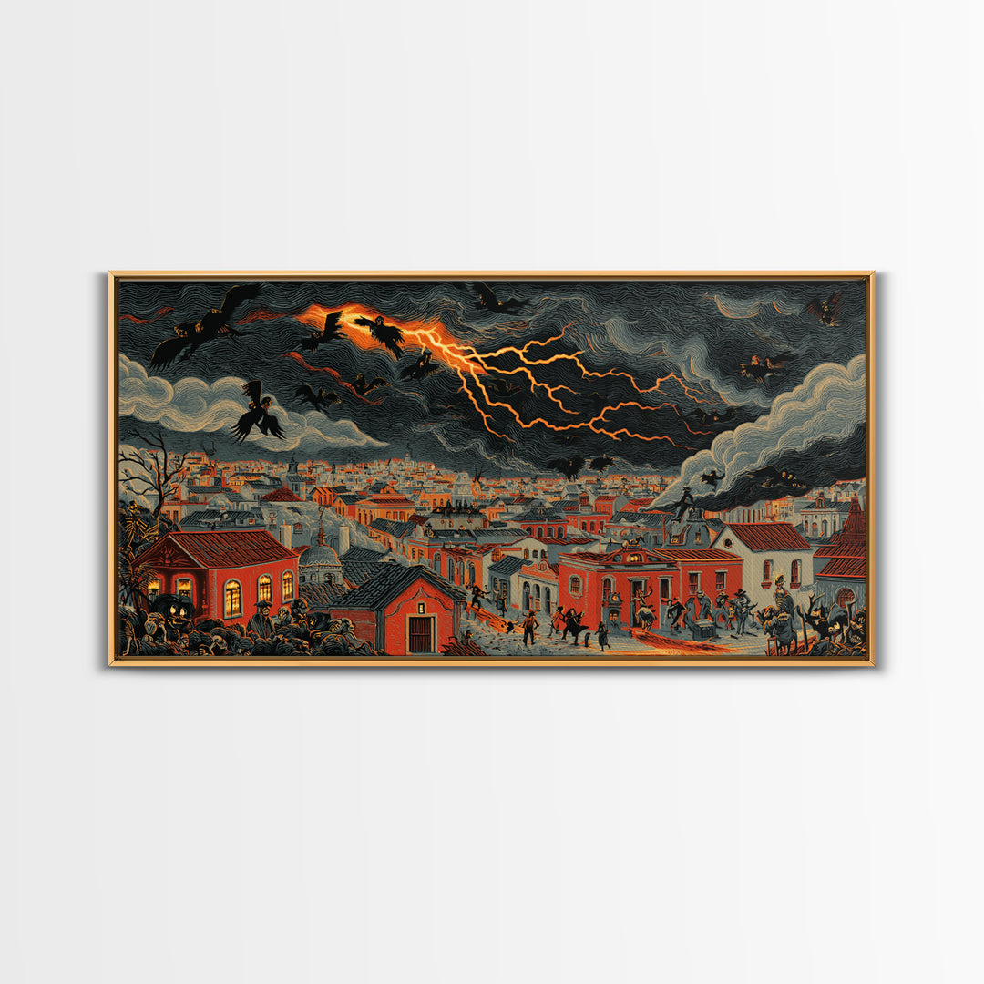 The Halloween Storm, Macabre Folk Print Art, Wide Panoramic Art, Dark Fantasy Wall Art, Framed Canvas Print, Halloween Wall Art