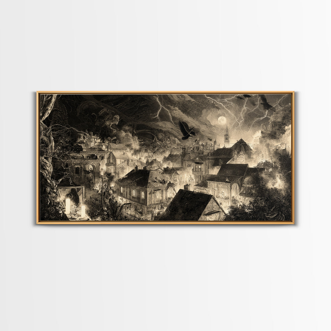 The Halloween Storm, Biomechanical Horror Art, Wide Panoramic Art, Dark Halloween Decor, Canvas Print, Halloween Wall Art