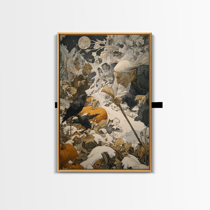 The First Frost Awakening, Symbolist Etching Art, Vertical Wall Art, Dark Fantasy Wall Art, Framed Canvas Print, Halloween Wall Art