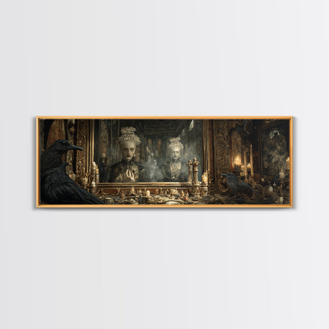 The Cursed Mirror, Ornate Symbolist Art, Extra Wide Wall Art, Macabre Wall Art, Framed Canvas Print, Halloween Wall Art