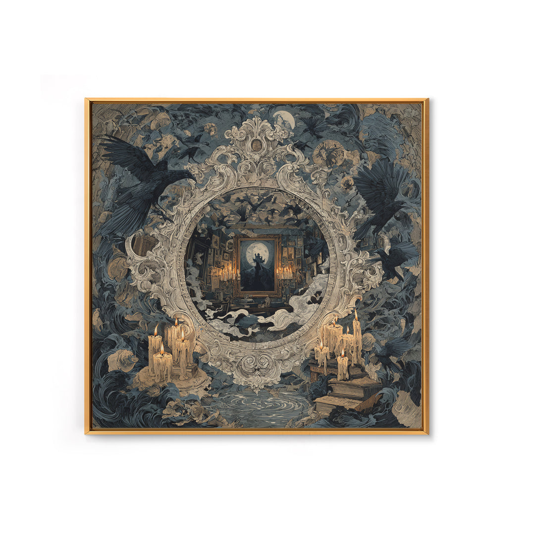 The Cursed Mirror, Symbolist Etching Art, Square Wall Art, Dark Fantasy Wall Art, Framed Canvas Print, Halloween Wall Art