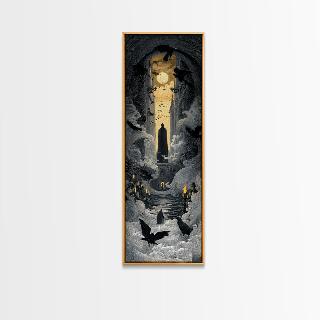 The Living Spellbook, Gothic Engraving Art, Tall Narrow Wall Art, Dark Fantasy Wall Art, Canvas Print, Halloween Wall Art
