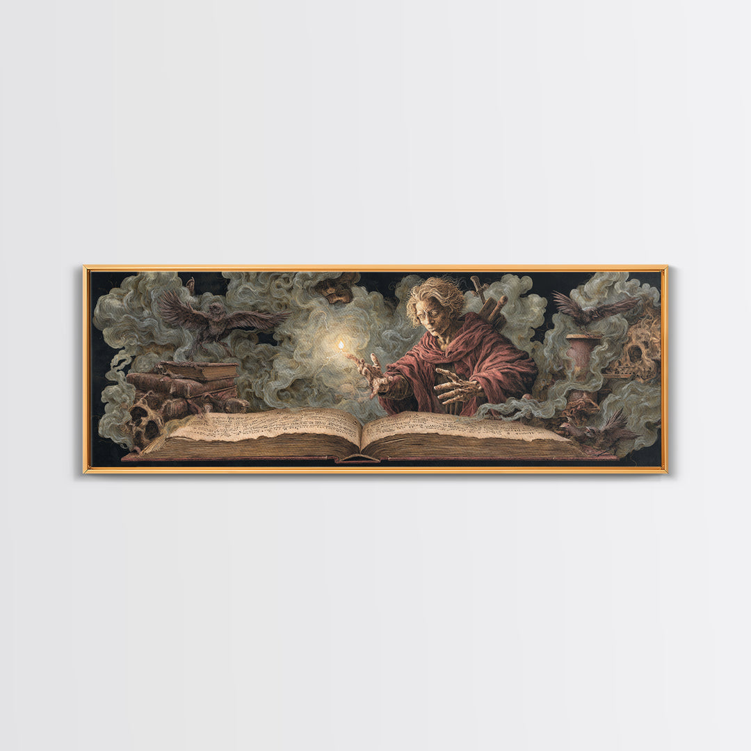 The Living Spellbook, Dark Renaissance Art, Extra Wide Wall Art, Dark Halloween Decor, Framed Canvas Print, Halloween Wall Art