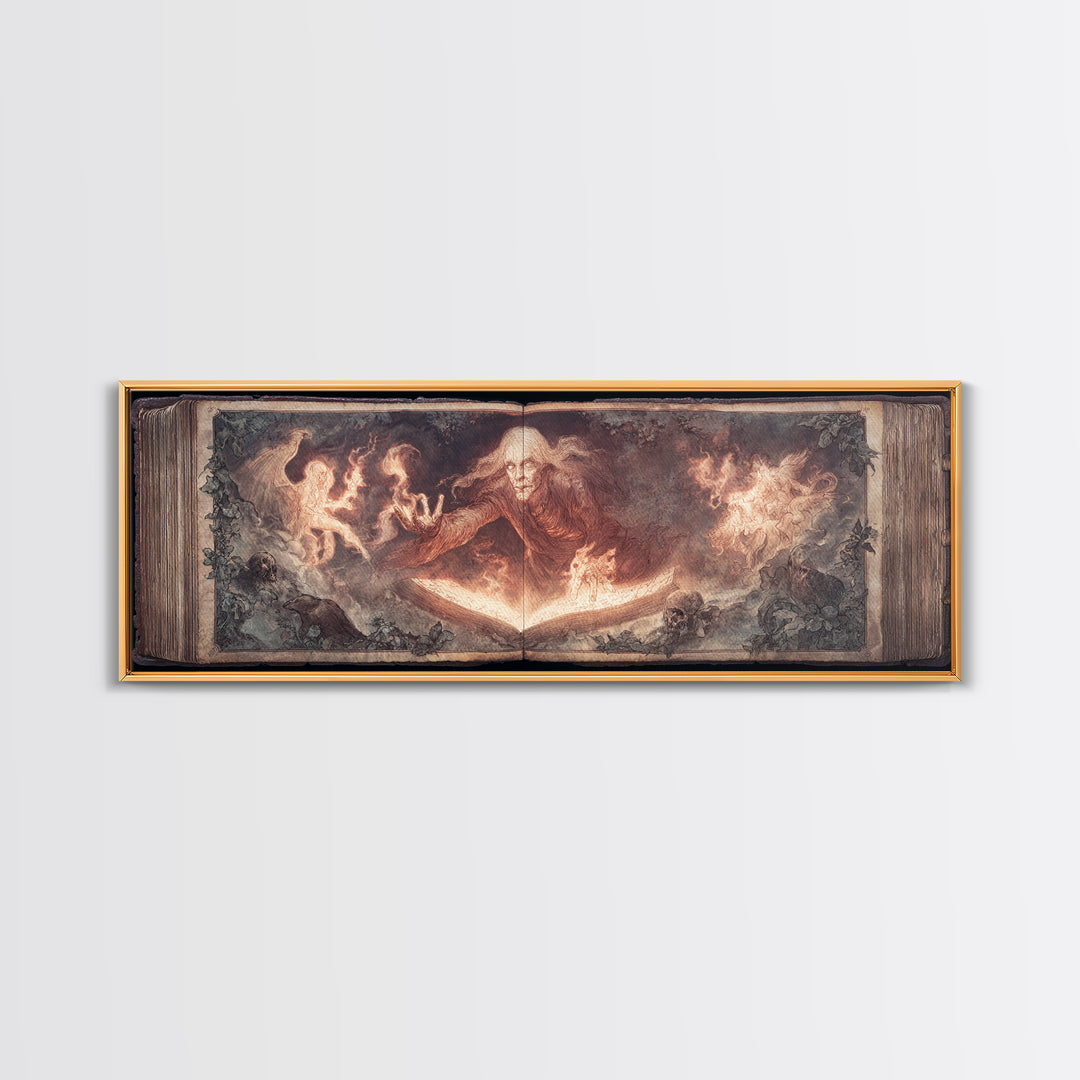 The Living Spellbook, Visionary Gothic Art, Extra Wide Wall Art, Macabre Wall Art, Canvas Print, Halloween Wall Art, Halloween Decor